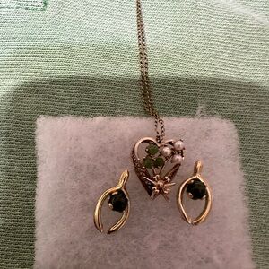 Vintage heart necklace Jade and pearls and horseshoe  earring with jade stones